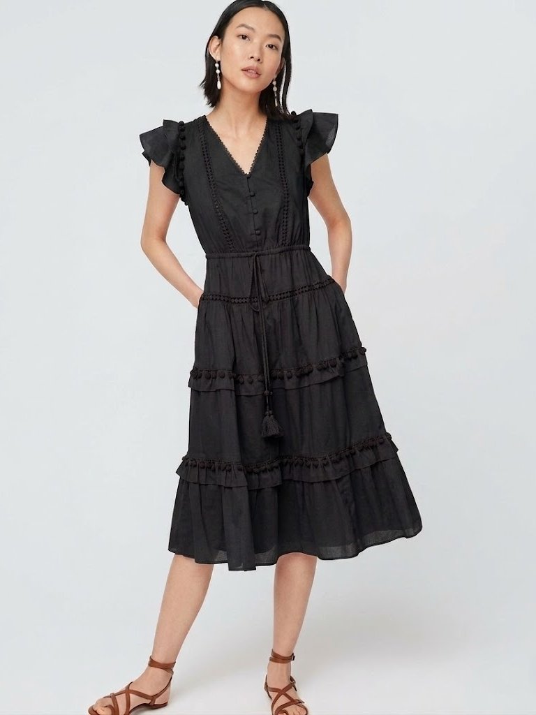 Nwt J.Crew Pom-Pom Midi In Black Cotton Voile Tiered Dress 6 $128